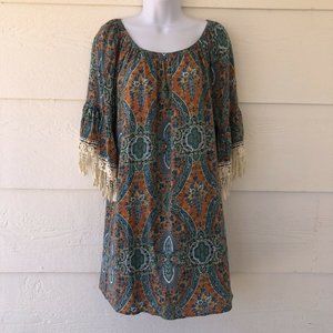 NEW! Umgee Size Large Boho Lace Trimmed Peasant Tunic Dress Teal Blue Orange